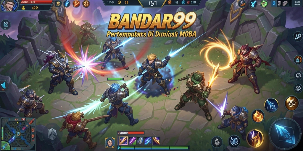 Screenshot gameplay menampilkan aksi seru dalam pertempuran MOBA.