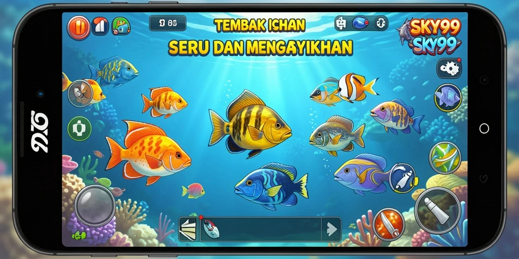 Tampilan gameplay SKY99 yang seru dan penuh warna saat menembak ikan.