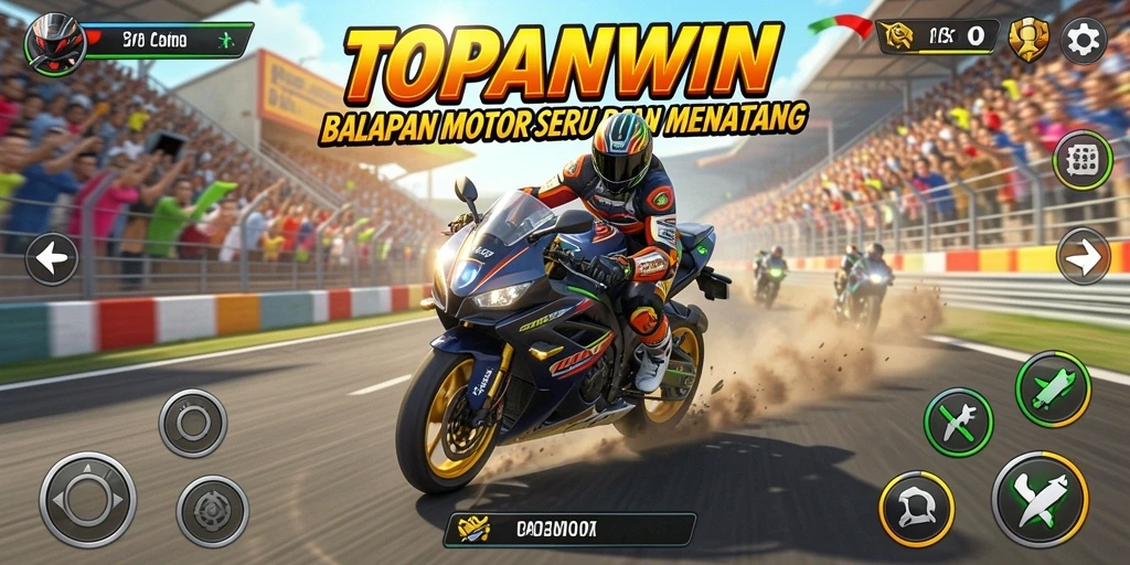Screenshot utama TOPANWIN menampilkan momen balapan motor yang seru.